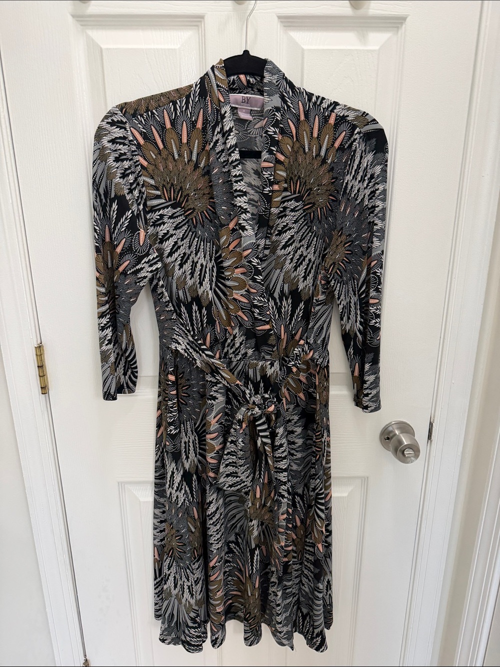 BY-Patterned Wrap Midi Dress in Black, Olive, and Blush